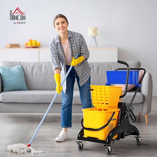 HOMCOM Mop Water Bucket Wringer Cart, Double Mop Bucket, 2 x 6.9 Gallon | Side Press Wringer, Smooth Wheels, Mop-Handle Holder, Easy to Use