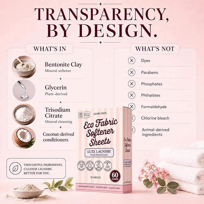 Glory Days Fabric Softener Sheets for Washer - Fresh Linen Scent, Replaces Liquid Softener, Plant-Based, Plastic-Free, Eco Friendly, 60 Loads