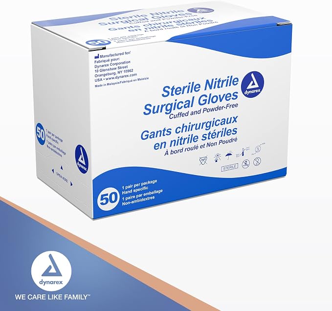 Dynarex Sterile Nitrile Surgical Gloves, Powder Free, Size 9, 50 Pairs of Gloves, White, 9.0