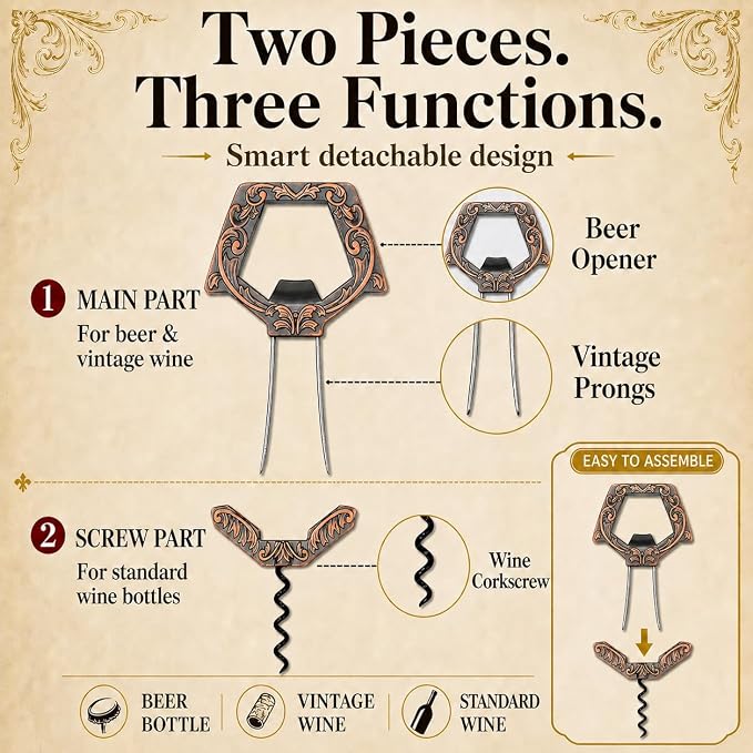 Wine Couple 3 in 1 Wine Bottle Opener, Ah So Two Prong Corkscrew (Copper) | For old fragile corks, beer caps and vintage bottles. Black gift box for wine lovers, collectors and gifting