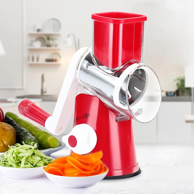 Cambom Rotary Cheese Grater Hand Crank Cheese Shredder for Fresh Cheese, Vegetable, Nuts,Non-slip Suction Base，Three Blades,Red
