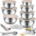 31PCS Mixing Bowls with Lids Set, 5.5QT to 0.6QT Stainless Steel Nesting Bowls with Graters, Large Khaki Bowls & 21 Measuring Cups and Spoons Set Kitchen Appliances for Mixing, Baking, Food Storage