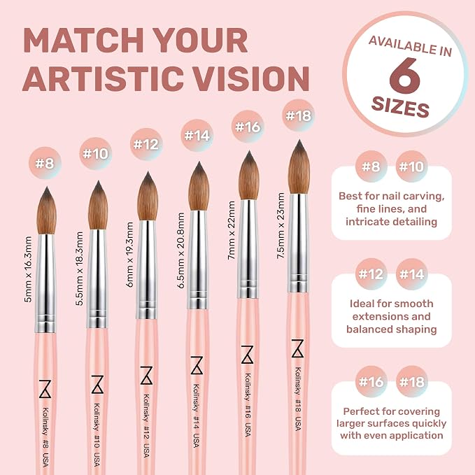 M – Majesti Pink 100% Kolinsky Acrylic Nail Brush | Professional Acrylic Sculpting & Application Brush | Handcrafted Premium Nail Art Tool for Nail Technicians (#10)