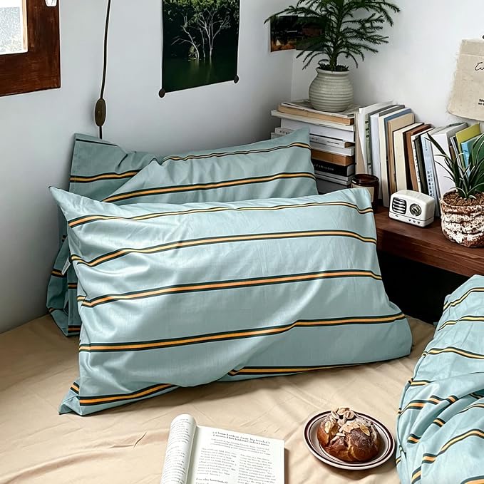 mixinni Retro Mint Blue Striped Duvet Cover Set - 100% Natural Cotton 3-Piece Vintage Stripes Pattern Printed Bedding Set, Soft Breathable Comforter Cover with Zipper Closure & Corner Ties, King Size