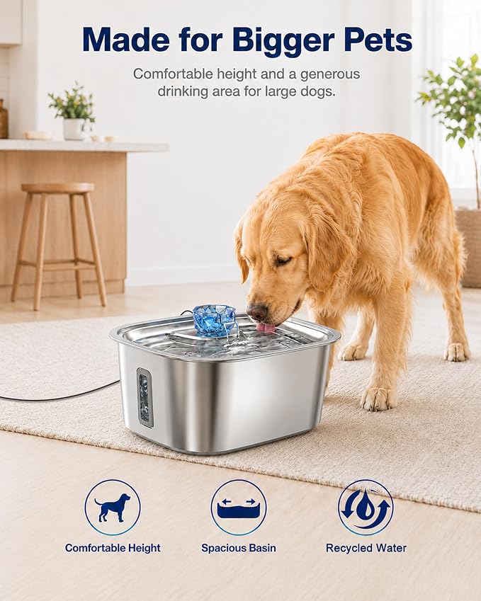 PETNF 3-Gallon Stainless Steel Dog Water Fountain for Large Dogs, Dog Water Bowl Dispenser with 4 Filters, Visible Water Window, Quiet Pump & LED Low-Water Indicator