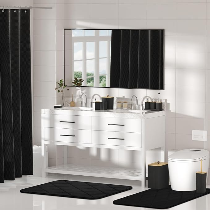 Bathroom Accessory Set - Black Bathroom Set, 27PC Bathroom Accessories Set, Bathroom Sets with Shower Curtain and Rugs, Mini Trash Can, Toilet Brush, Trash Can & Soap Dispenser