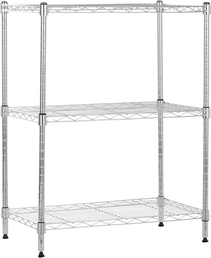 Amazon Basics 3-Shelf Adjustable Heavy Duty Steel Wire Shelving Rack with Chrome Finish, No-Tool Assembly, 250 lbs per Shelf, 23.2" L x 13.4" W x 30" H