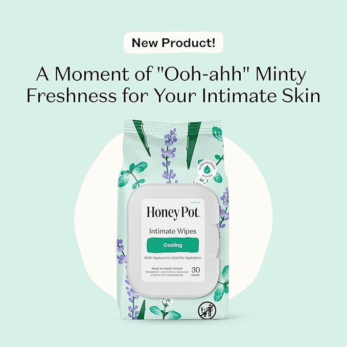 The Honey Pot Company - Feminine Wipes - Cooling - Cooling Tingle Effect - Herbal Infused w/Mint, Aloe Vera, Lavender - pH Balanced Feminine Care for Sensitive Skin - Cleansing Wipes for Women - 30ct