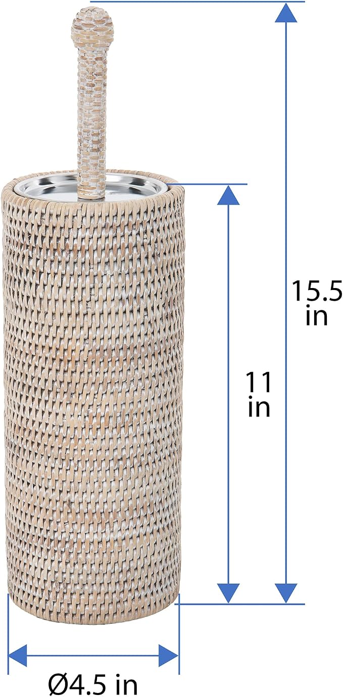 KOUBOO Rattan Toilet Brush Holder Set with Lid Bathroom Decor White Wash | Handwoven Craftsmanship, Removable Inner Cup, Replaceable Brush Head, Odor Control, Easy-Clean Design