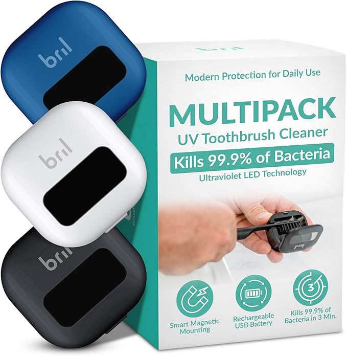 Bril UV-C Toothbrush Sanitizer and Holder – Wall Mounted, Rechargeable, 30-Day Battery, Magnetic Mount, Fits Electric and Manual Brushes, Portable Travel Case, Auto-Shutoff – Multipack