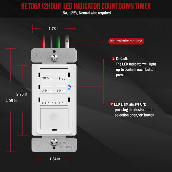 Enerlites HET06 12 Hour Timer Switch for Patio, Path, Porch Lights and Sprinklers | 30min-12Hr, Timer for fan motor and ventilation, 1/2HP Support, Single Pole, UL Listed, Neutral Wire Required, White