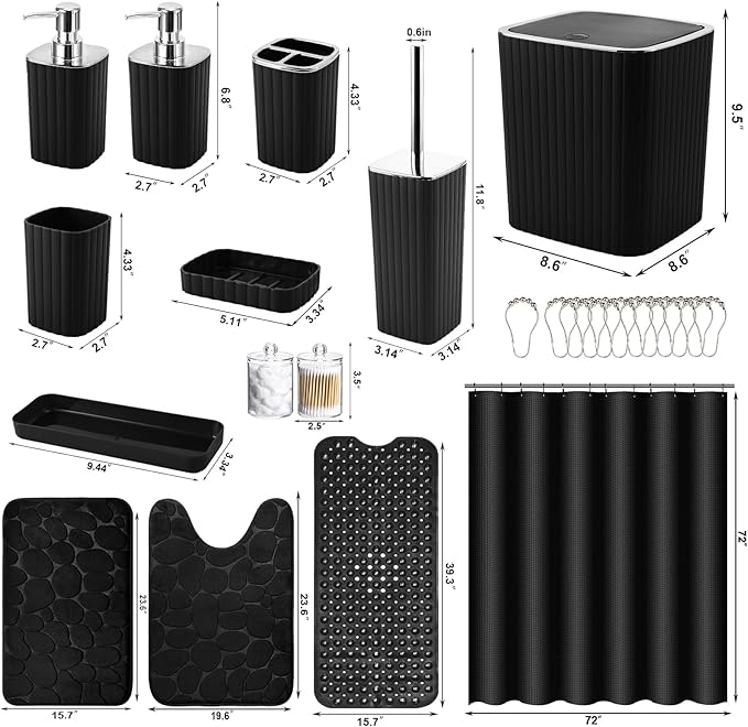 XLHOMO 26PC Bathroom Accessories Set - Gorgeous Black Bathroom Set, Bathroom Accessory Set, Black Shower Curtain Set with Bathtub Mats for Shower Tub