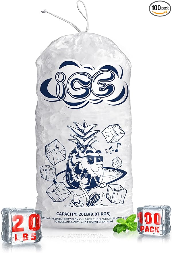 100 Pack Ice Bags 20 lb with Drawstring, Heavy-Duty Ice Bags for Ice Machine(2 Mils Thickness)