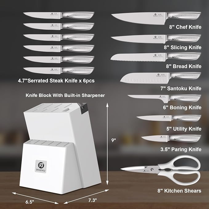 imarku® Knife Set, Japanese HC Stainless Steel 15 PCS Kitchen Knife Set With Block With Built-in Sharpener, Razor-Sharp Blade Knife Block Set With Dotted Ergomomic Handle, Best Birthday Gifts, White
