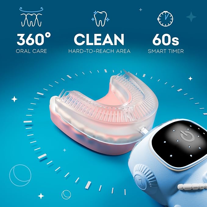 Bendi U-Shaped Toothbrush Kids, Electric Astronaut Design, Ages 2-7, Blue | Sensory-friendly, 360 whole mouth clean, toddler & kids electric, self-brushing 5 modes, auto memory, mouthguard, extra heads