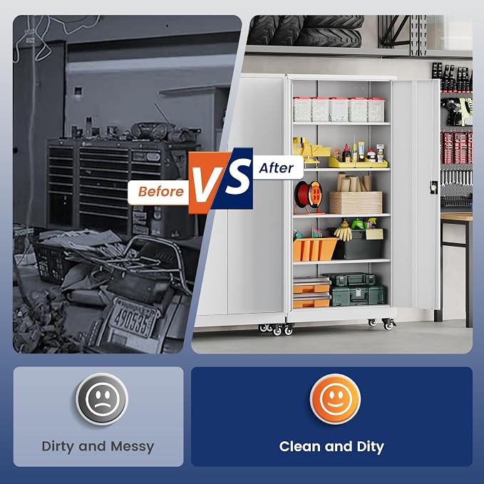 Metal Garage Storage Cabinet with Locking Doors and Adjustable Shelves,- 75" Rolling Steel Tool Cabinet for Home Office,Garage,Warehouse