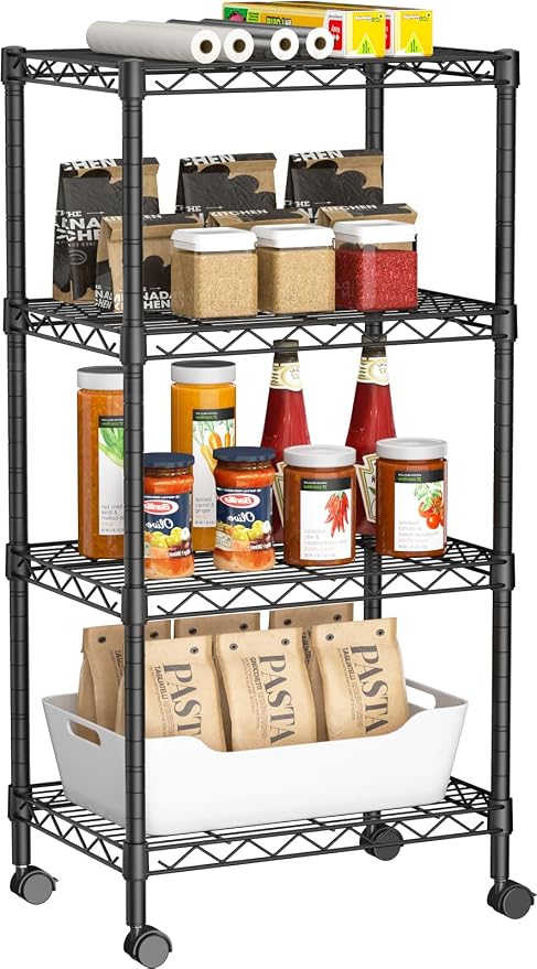Golpart Small 4 Tier Shelves Storage Wire Shelving Unit Metal Shelf Adjustable Organizers Storage Shelving with Wheels for Bathroom Laundry Room Kitchen Pantry11.7”D x 17.7”W x 44.8”H Black