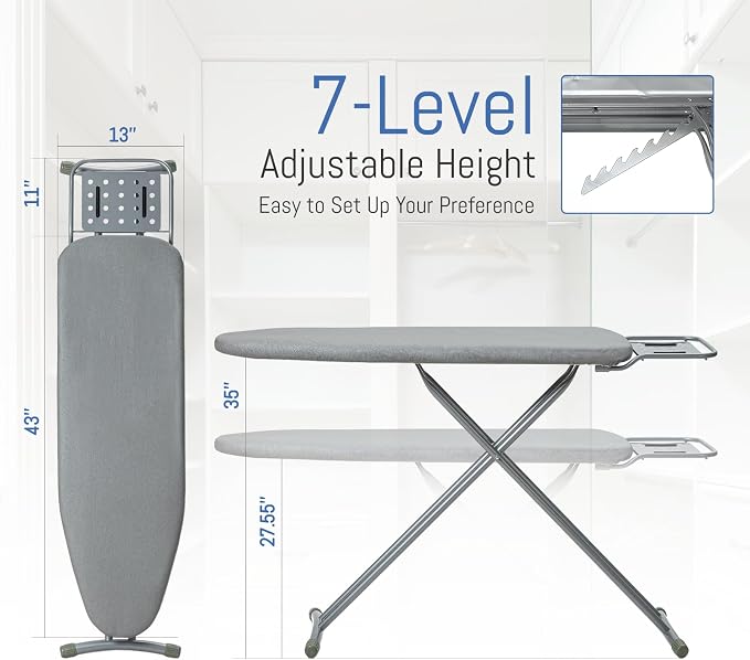 Ironing Board Full Size 43"x13" Silver Heavy Duty | BlissBoard Sturdy Iron Board with Iron Rest, Heat Resistant Cover, Ultra Thick Padding, Height Adjustable