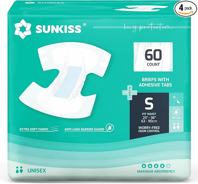 SUNKISS TrustPlus Adult Diapers with Maximum Absorbency, Unisex Disposable Incontinence Briefs with Tabs for Men and Women, Odor Control, Small, Previously XSmall, 60 Count (4 Packs of 15)