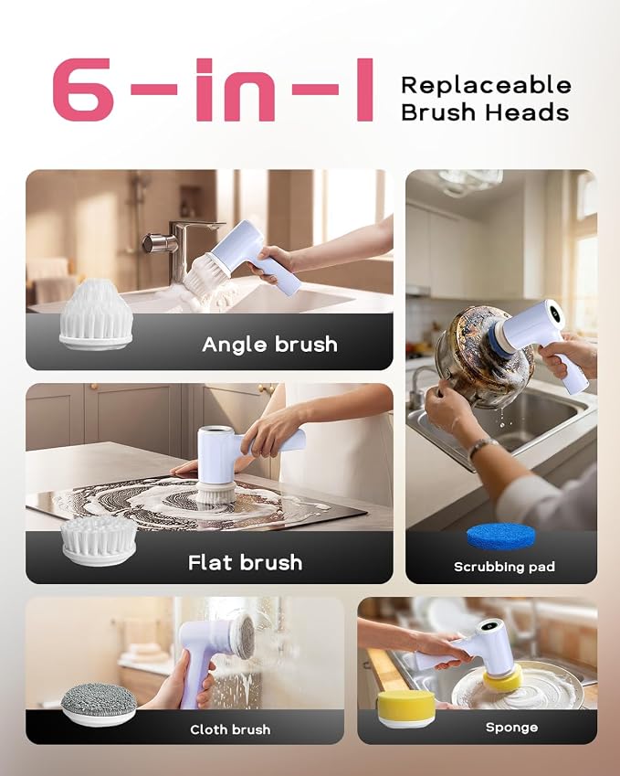 PUFTEM Shower Scrubber, Electric Spin Scrubber for Bathroom Cleaning – Cordless Shower Cleaner Brush with 6 Brush Heads, Dual-Direction Rotation, for Grout, Tile, Tub, Sink & Corners, Purple