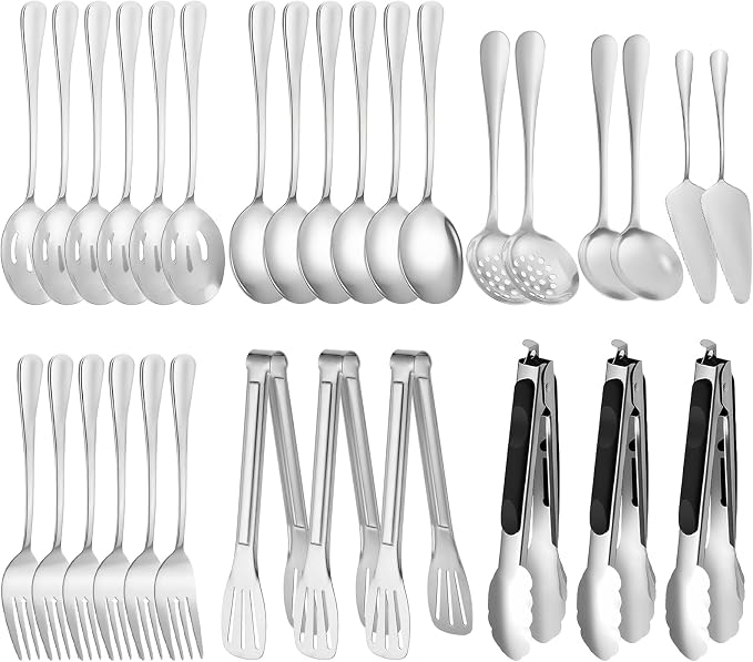 30 Piece Stainless Steel Serving Utensils Set - Buffet Serving Spoons Forks Tongs for BBQ, Parties, Catering, Weddings, Events - Silver