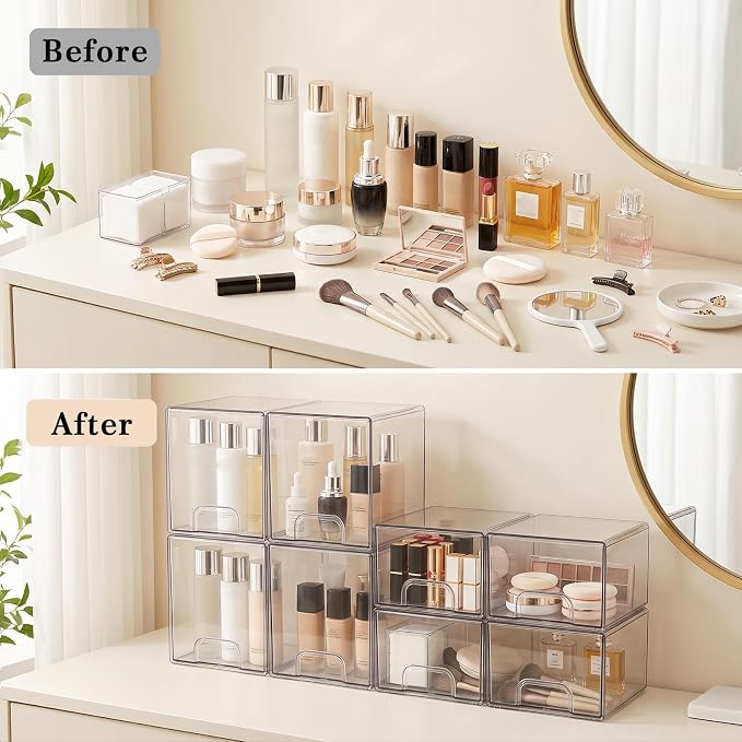 Clear Stackable Storage Drawers: Baby Bottle Storage Organizer, Acrylic Bottles Station Organizer Container for Countertop, Vanity, Bathroom, Cabinet Organization - 8 Pack