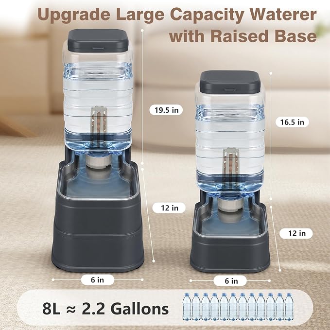 2.2 Gallon Pet Automatic Dog Water Dispenser Cat Gravity Waterer Feeder with Stainless Steel Bowl 8L Large Capacity Puppy Feeding Raised Bowls with Filter,Ice Pack (Charcoal Gray, 8L(2.2 Gallon))
