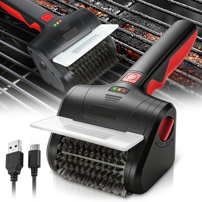 Auto Dynasty Cordless Electric Grill Brush, 304 Stainless Steel BBQ Brush with Rotating Scrub Head, Rechargeable, Type-C Fast Charging for Gas/Charcoal/Outdoor Grill, Red/Black