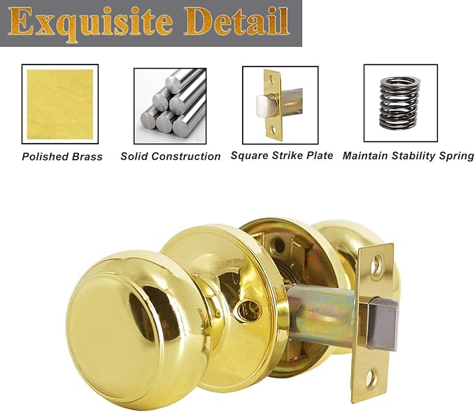 Probrico Passage Door Knobs Polished Brass Interior Hall/Closet Door Handles Keyless Locksets, 5 Pack