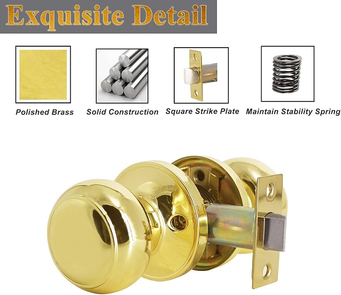 Probrico Passage Door Knobs Polished Brass Interior Hall/Closet Door Handles Keyless Locksets, 6 Pack