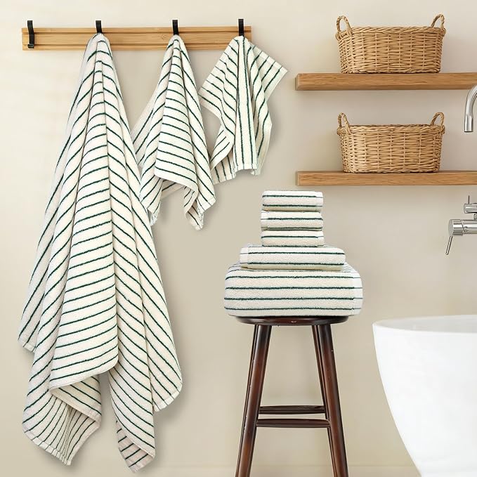 8 Piece Green Towel Set, Super Soft & Absorbent Cotton Striped Towels | for Bathroom Decor, 2 Bath, 2 Hand, 4 Washcloths