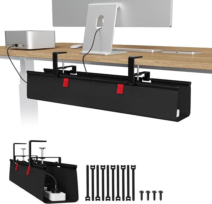 Univivi No Drill Under Desk Cable Management Tray, 28" Cord Organizer for Table, Clamp/Screw Mount Desk Cable Management, Premium Fabric Cable Management Tray for Office, Home