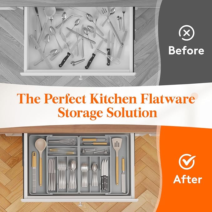 Lifewit Silverware Drawer Organizer, Expandable BPA Free Plastic Utensil Tray for Kitchen, Adjustable Flatware Cutlery Holder for Spoons Forks Knives, 18- 28 x 16.7", Gray