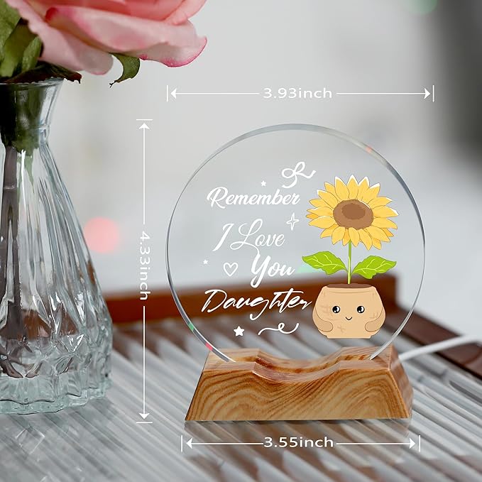 ZHSHWAT Daughter Gifts-LED Crystal Sunflower Night Light with Remember I Love You Text, Perfect for Birthday, Christmas and Special Days