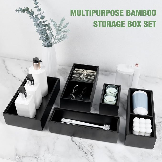 Bamboo Drawer Organizer,5 PCS Black Silverware Tray&Desk Organizers and Storage,Cabinet Divider With Removable Bathroom Organization for Kitchen,Utensils,Junk,Office,Makeup