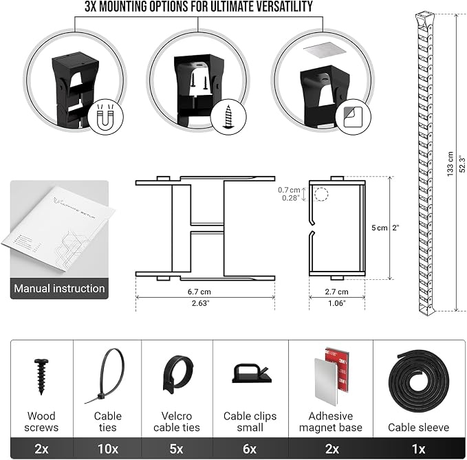 Ultimate Setup Under Desk Cable Management Vertebrae - Perfect for Sit Stand Desk - Wire Management - Adjustable Length - Flexible Cable Spine - Black, 133 cm
