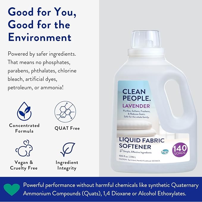 Clean People All Natural Liquid Fabric Softener - Plant-Based, Eco Friendly - Naturally Softens & Removes Static Cling - Vegan - Lavender Scented Laundry Softener - 100 fl oz - 140 loads