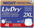 LivDry 2XL Overnight Adult Diapers for Women and Men, XXL Incontinence Underwear, 60”-80" Waist, Disposable Pull-On Briefs, XX-Large, 48 Pack