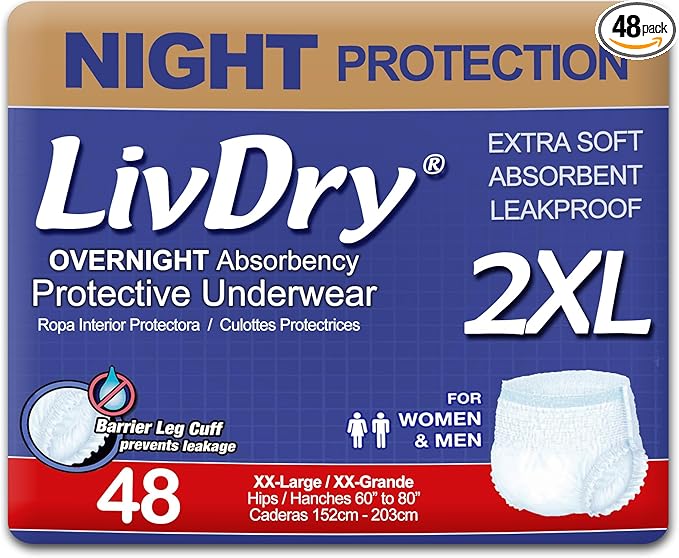 LivDry 2XL Overnight Adult Diapers for Women and Men, XXL Incontinence Underwear, 60”-80" Waist, Disposable Pull-On Briefs, XX-Large, 48 Pack