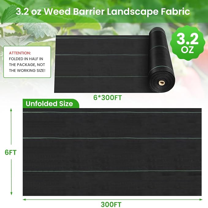 Rintea Weed Barrier Fabric, 6 x 300 ft, 3.2 oz Landscape Fabric | Heavy-duty woven polypropylene with guide lines and 20 U-stakes for gardens, flower beds, landscaping and driveways