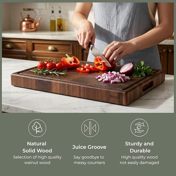muso wood End Grain Cutting Board, Black Walnut Wood, 2" Thick Dual-Sided Wooden Chopping Board with Juice Groove & Handle - Idea for meat cutting, vegetable dicing, and fruit processing, 20 x 15 inch