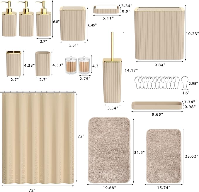 Bathroom Accessory Set - Bathroom Set, 27PC Bathroom Accessories Set, Beige Bathroom Sets with Shower Curtain and Rugs, Mini Trash Can, Toilet Brush, Trash Can & Soap Dispenser