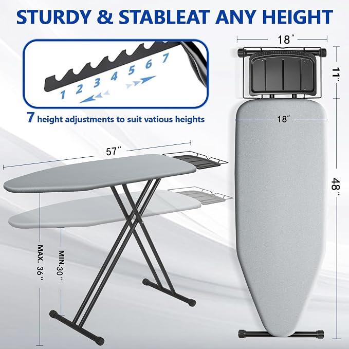 UFETGYG Classic Full Size Ironing Board 57" X 18" with Iron Rest, Extra Wide Size Full Metal Construction,Height Adjustable, Heat & Scorch Resistant Fabric, Anti-Skid Feet, Heavy Duty