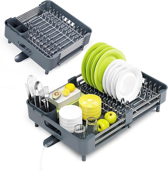 Urackify Stainless Steel Dish Drying Rack - Dish Drainer for Kitchen Counter, Extendable Drainboard with Foldable, Space-Saving Cup & Bowl Organizer, Includes Knife and Utensil Holder, Matte-Green