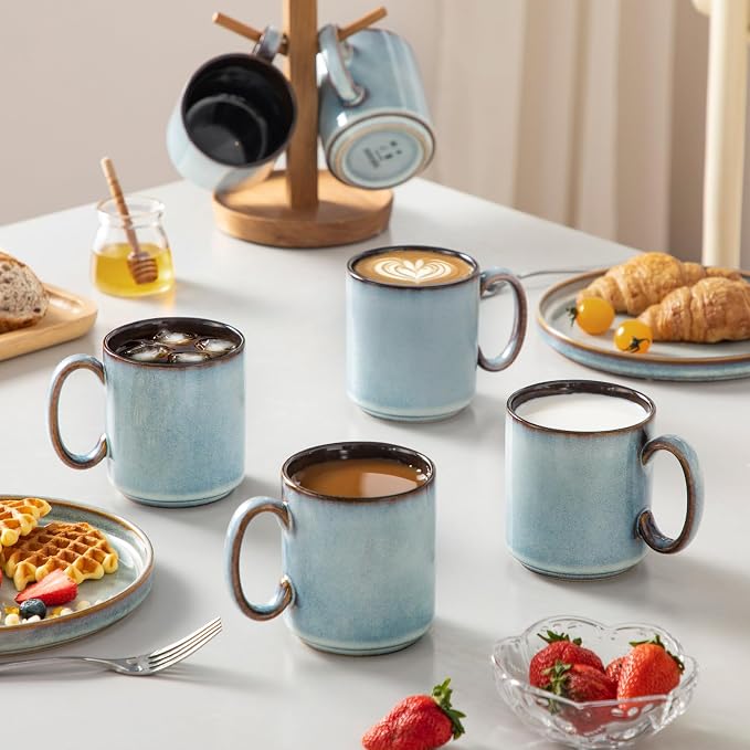 vancasso ONION Ceramic Coffee Mugs Set of 6, 16 Oz Coffee Cups for Latte, Cappuccino, Tea & Hot Cocoa, Artisan Modern Style for Coffee Bar, Home & Kitchen, Microwave & Dishwasher Safe, Light Blue Gray