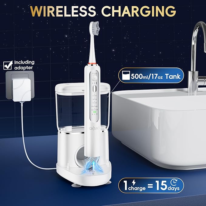 Electric Toothbrush with Water Flosser Combo in One, Professional Flossing Toothbrush for Teeth Cleaning and Flossing, Plaque Removal, Rechargeable,5 Brush Modes & 3 Flossing Speeds,500ML,White