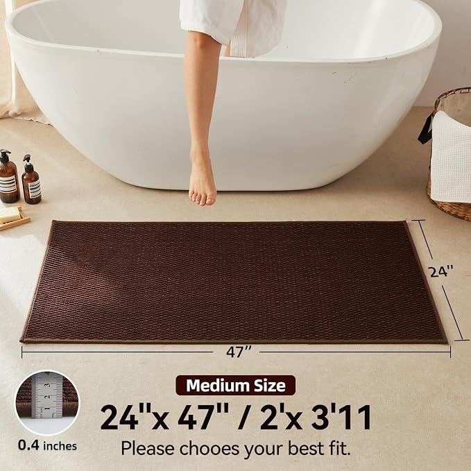 Triohero Bathroom Rugs Non Slip Washable, Super Absorbent Thin Bath Mat Quick Dry Low Pile Bathroom Rug, Brown 24"x47"