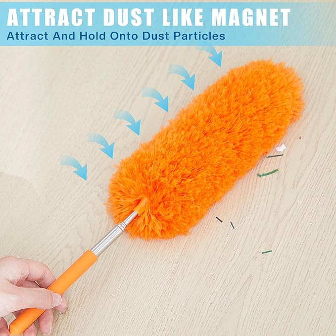 Tanlade 1 Pcs Microfiber Feather Duster for Cleaning 13-31 Inch Extendable Cobweb Dusters Ceiling Fan Duster Washable Bendable Tool for Office Car Window Furniture (Orange)