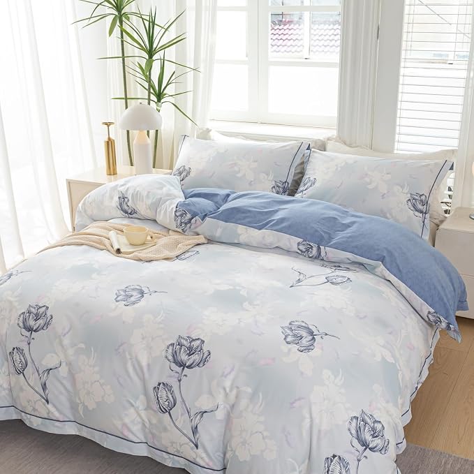 OAITE Duvet Cover Set Queen Size Floral Pattern 500 Thread Count Ultra Soft 100% Cotton Duvet Cover Sets 3-PC, Breathable Duvet Cover with Zipper Closure & Corner Ties
