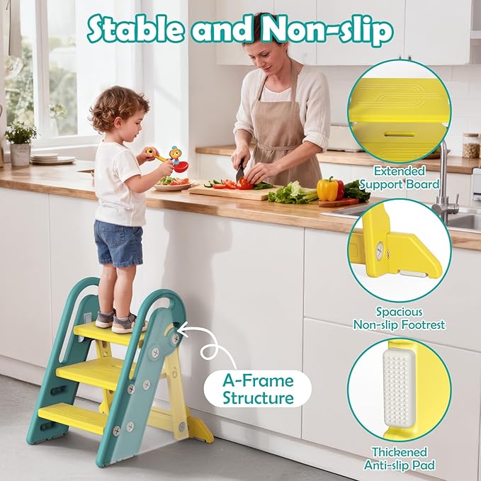 Onasti Folding Step Stool with Adjustable Height, 3-Step Converts to 2-Step, Sturdy Anti Slip Bathroom Step Stool for Toilet, Bathroom Sink, Kitchen Counter, Space Saving Design for Home Use- Green
